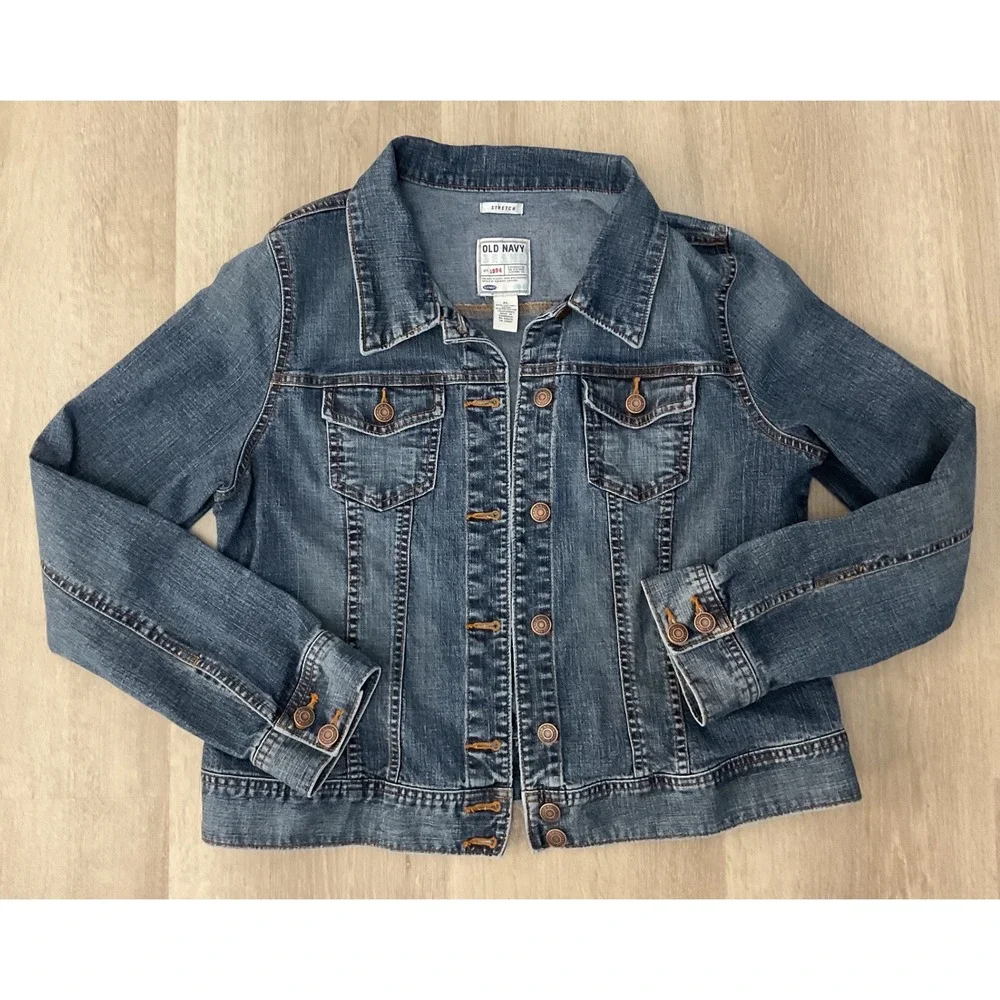Old Navy Womens Medium Wash Blue Denim Stretch‎ Trucker Jean Jacket Size XL VTG
